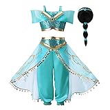 Pettigirl Girls Teal & Gold Princess Dress Up Costume 2Piece Pants Outfit (4 Years, Arabian Costume+Wig)