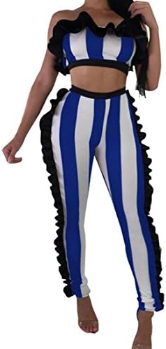 Rrive Womens Stylish 2 Pieces Strapless Tops with Striped Ruffle Club Outfit Set Royal Blue XS