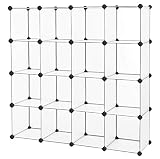 SONGMICS Cube Storage, Plastic Cube Organizer Units, DIY Modular Closet Cabinet, Bookcase Included Anti-Toppling Fittings and Rubber Hammer White Translucent 16-Cube ULPC44L