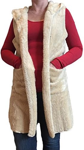 Cherish Women's Solid Colored Plush Faux Fur Open Hooded Vest (Large, Caramel)