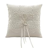 Lace Pearl Embroided Satin Flower Wedding Ring Bearer Pillow 7.8 Inch x 7.8 Inch (Ivory Pearl)