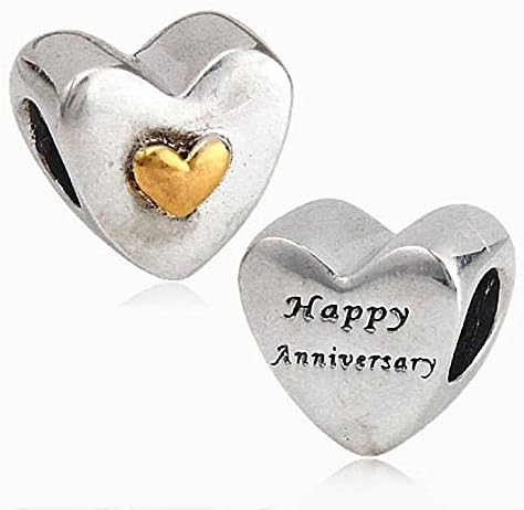 Choruslove Gold Plated Love Happy Anniversary Charm 925 Sterling Silver Heart Shape Bead for European Bracelet Gift