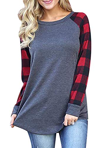 Women Raglan Plaid Sleeve Casual Tee Shirt Cotton Color Block Tunic Blouse and Tops