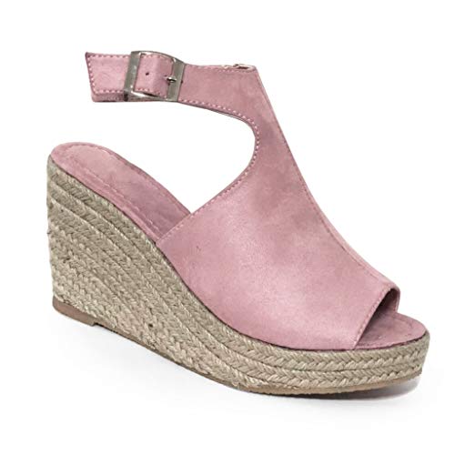 Dermanony Wedges Sandals,Women's Fish Mouth Espadrilles Slingback Platform Sandals High Heel Ankle Strap Beach Shoes Pink