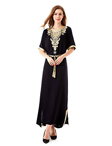 klhdfkhfe Long sleeve Tunic Dress maxi abaya islamic women vintage dress clothing robe kaftan caftan Moroccan embroidey1605 Black M