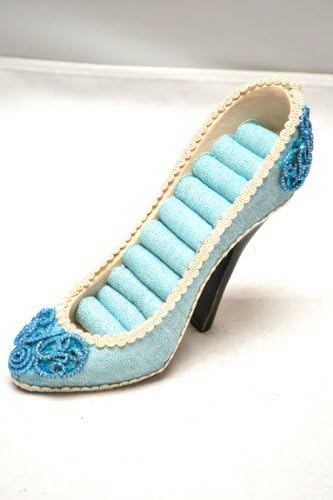 Embellished Blue Canvas w/ Flower Stiletto High Heel Ring Holder Shoe