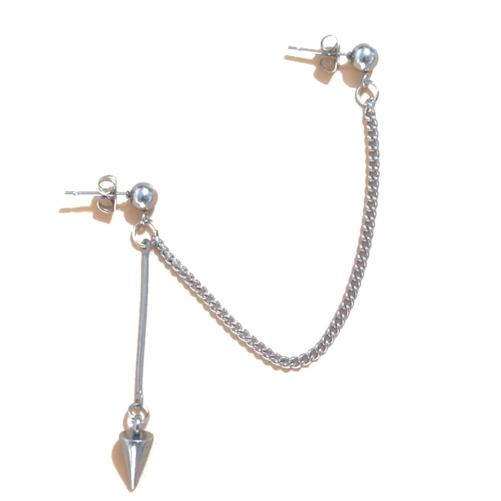 1pcs Double Ball Piercing Chain Dangle Drop Stud Earrings Spike Leaf Circle Two Holes Men Women Girls Cartilage Stainless Steel Punk Climber Crawler Tassel Dangling Gifts for Birthday (Spike)