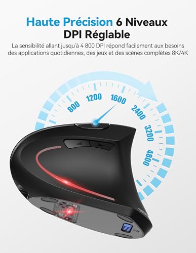 TECKNET Ergonomic Wireless Rechargeable Mouse, Vertical Bluetooth Mouse 3 Modes (BT5.0/3.0+2.4G) 4800 DPI Adjustable, 6 Buttons, Silent Mouse for Computers, Laptops, Mac, PC, Windows