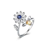 Yoomarket Women's Blue Adjustable Rotating Ring Anti-Anxiety Open Flower and Bee Crystals Rings Spinning Rings Party Girls Birthday Gifts for Relieving Boredom ADHD, Anxiety,Autism