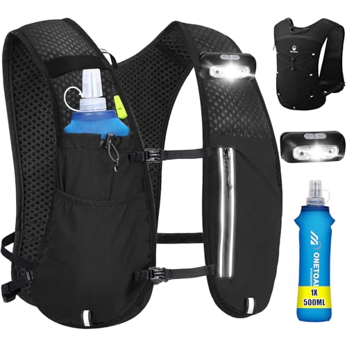 ONETOALL Chaleco Running Hombre Mujer con Botella 500ml y Luz LED Recargable, Chaleco Hidratacion Trail Running, Running Vest, Mochila Hidratacion para Correr Senderismo Montaña Deporte, Solo 175g