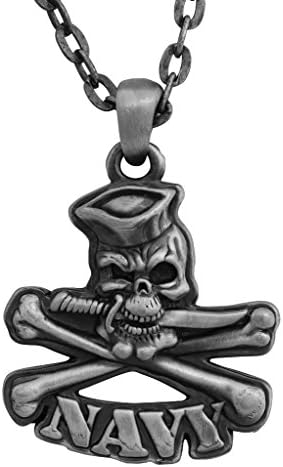 Masada Jewelry, Navy Skull Crossbones and Dagger Pendant Necklace Lead Free Alloy