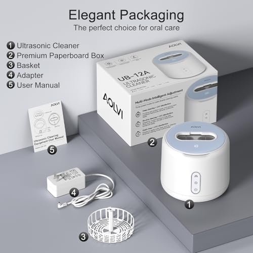 AOLVI Ultrasonic Retainer Cleaner Machine, IPX6 Waterproof Denture Cleaner, 3 Modes Dental Cleaning Pod with RGB Indicator, 45kHz Mouth Guard Cleaner with UV Light, 200ML Tank, White