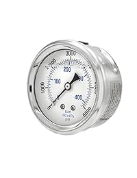 Pic Gauge 202l 254s Glycerin relleno de centro Industrial Back Mount Medidor de presión con acero inoxidable caso, latón Internals, tamaño de lente de plástico, 2 1 2" Dial, tamaño de 1 4" macho NPT Conexión, Rango de 0 6000 PSI