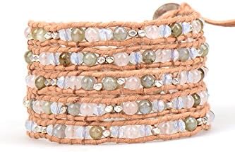 Leather Wrap Bracelet, Crystal Beaded Bracelet, Silver Boho Wrap Braclet, Stone Mix Bead Wrap Bracelet, Green Brown Leather Armband