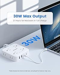 HOPOW Flat Plug Power Strip with 30W USB C Port, 5