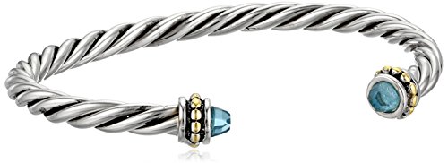 "Two-Tone" 14k Yellow Gold Plated and Sterling Silver Thin Twisted with Light Blue Stone Edged Cuff Bracelet