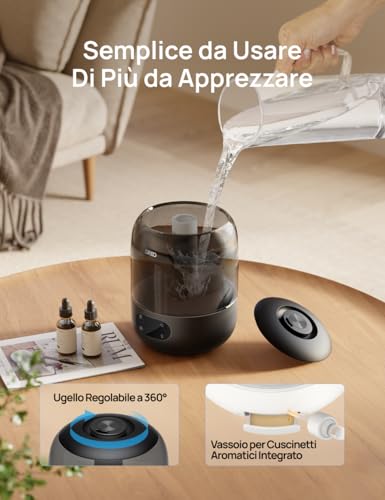 Dreo 3L Quiet Children's Environment Humidifier 26dB with Humidity Sensor, Ultrasonic Cool Mist, 360° Nozzle, 30h Autonomy, Essential Oil Diffuser, Ambient Light, for Home and Plants, Black