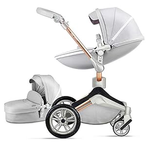 Hot Mom Baby Stroller 360 Degree Rotation Function, Pu Leather Baby Bassinet and Seat Combo Pushchai & Pram, Grey