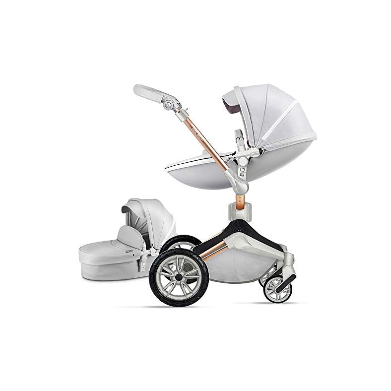 Hot Mom Baby Stroller 360 Degree Rotation Function, Pu Leather Baby Bassinet and Seat Combo Pushchai & Pram, Grey
