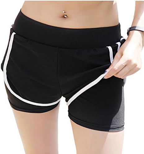 ISHOPPING Women's 2-in-1 Running Workout Shorts (White, L)