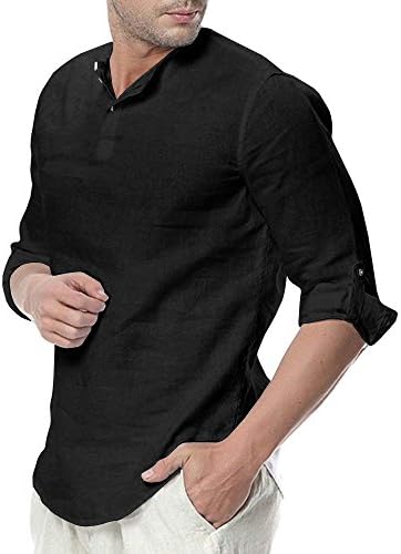 ShallGood Men Summer Shirts Linen Long Sleeve Stand Collar Regular Fit Solid Color Top Loose Blouse Business Shirt Soft Breathable Grandad Oxford Beach Casual Shirts