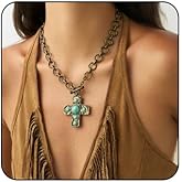 Bestleey Boho Turquoise Cross Necklace for Women Vintage Cross Pendant Necklace Country Concert Accessories Hip Hop Costume Jewelry Gifts for Women
