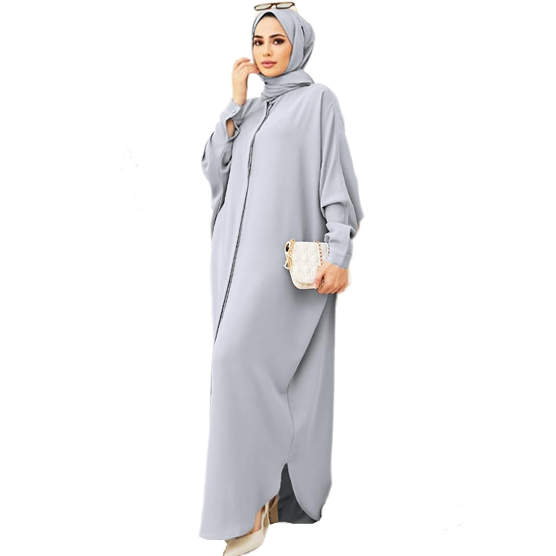 Photo 1 of Abayas for Women Abaya Full Cover Dubai Turkey Kaftan Henley Shirt Prayer Dress Muslim Batwing Sleeve Arabian Robe Ramadan Maxi Dresses Modest Islamic Casual Clothes Outfit Gray One Size