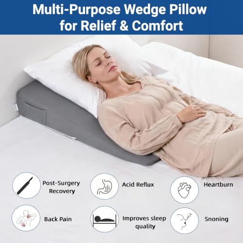 31" Extra-Long Wedge Pillow, Full Torso Support with Gentle Incline, Upper Body Elevation for Sleeping, Acid Reflux, Snoring Relief, Back Pain Relief, After Surgery, Gray