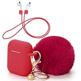 Rukoy Protective Cover and Cute Pompom Ball Keychain Compatible for Apple AirPods Charging Case, Full Protective Silicone Case Skin and Airpods Anti-Lost Strap for Apple AirPods As (Red)
