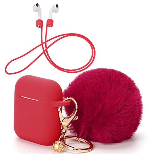 Rukoy Protective Cover and Cute Pompom Ball Keychain Compatible for Apple AirPods Charging Case, Full Protective Silicone Case Skin and Airpods Anti-Lost Strap for Apple AirPods As (Red)