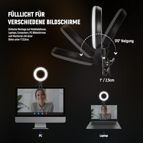 Basics 5" Ringlicht mit Mini Stativ Ständer für Tisch Videokonferenz Licht, Clip on Streaming Set für Monitor Webcam Laptop Computer Make up Selfies Videoaufnahmen, Reinigungstuch, BR60