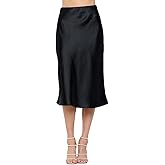 Women Solid High Waist Silky Casual Elastic Satin Midi Skirt -Made in USA (Available in Plus Size)