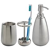 mDesign Bath Accessory Set, Soap Dispenser Pump, Toothbrush Holder, Tumbler - 3 Pieces, Brushed Stainless Steel