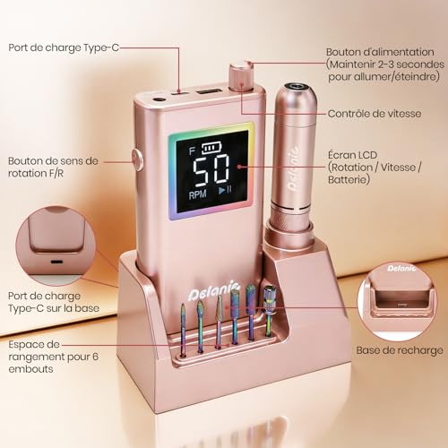 Delanie Ponceuse pour ongles Électrique Professionnel 50000 RPM avec Station de Recharge, Lime à Ongles Sans Fil pour Ongles en Acrylique Épais, 10 Heures d'autonomie, Fonction Pause, Incl. 12 Embouts