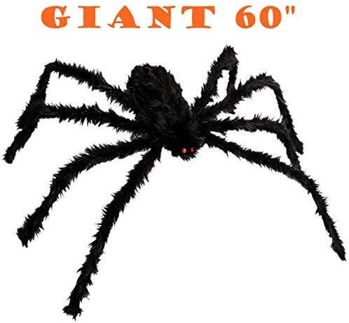 FunisFun 60 Inches Halloween Giant Spiders Decoration Props with Red Eyes 8 Hairy Bendable Legs Perfect for Outdoor, Indoor, Window, Roof, Tree, Cobweb, Yard, Costume Party Scary Decor