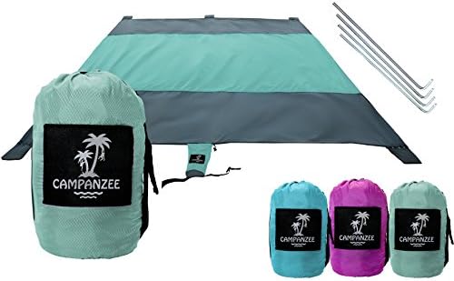 Beach Blanket by Campanzee | Sand Free, Oversized 9 x 10 Ft, and Water Proof For Outdoor Use as a Camping, Festival, or Picnic Blanket | 5 Sand Pockets, Rip-Stop Nylon Fabric, and 4 Anchor Stakes