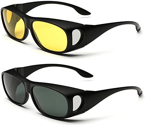 2 Value Pack, HD Polarized Night Vision Wraparounds Windproof + Sunglasses UV400 (Black, Yellow + Black)