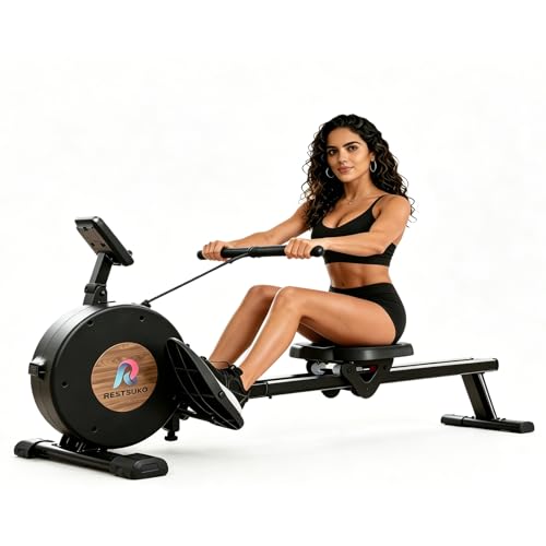 RESTSUKO Remadora Magnética Resistencia Ajustable 8 Niveles - Máquina de Remo con Asiento Ergonómico Ultrasuave, Soporte Tablet y Móvil, Riel Aluminio, Monitor LCD, Entrenamiento Cuerpo Completo