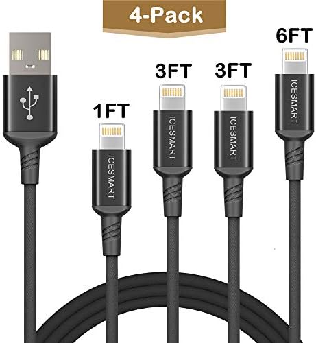 ICESMART 4Pack 1FT 3FT 3FT 6FT Charging Cable for iPhone Charge Cable Nylon Braided USB Charger Data Sync Cord Compatible with iPhone X/8/7/6/5/iPad/iPod-Black