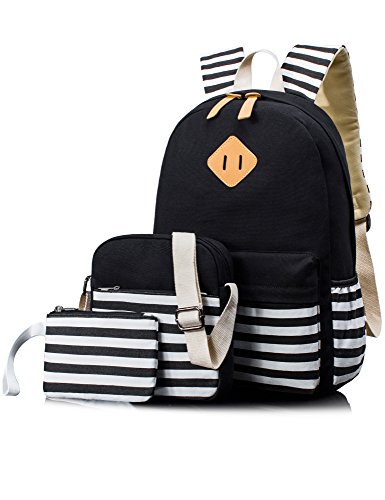 Leaper Unisex School Rucksack Stripe Travel Backpack Shoulder Bag Pencil Bag (Black)