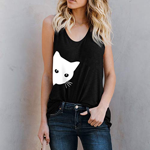 FarJing Women Cat Print Vest Sleeveless Loose Crop Tops Tank Tops Blouse Tops T-Shirtï¼ˆXXL,Black