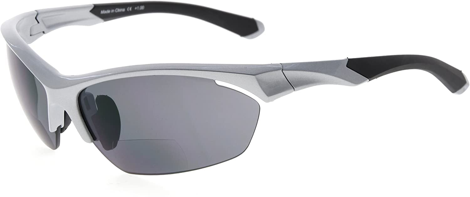 Eyekepper TR90 Sports Bifocal Sunglasses Baseball Running Fishing Driving Golf Softball Hiking Half-Rimless Reading Glasses (Pearly Silver, 1.00)