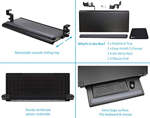 ErgoActive Extra Wide Under Desk Keyboard Tray with Clamp On Easy Installation, No Screws into Desk, Sliding Drawer, Fits Full Size Keyboard and Mouse - Includes Wrist Rest (Wide Tray + Wrist Rest)