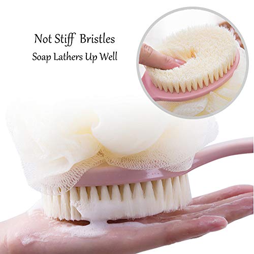 Shower Body Brush with Bristles and Loofah,Back Scrubber Bath Mesh Sponge with Curved Long Handle for Skin Exfoliating Bath, Massage Bristles Suitable for Wet or Dry, Men and Women