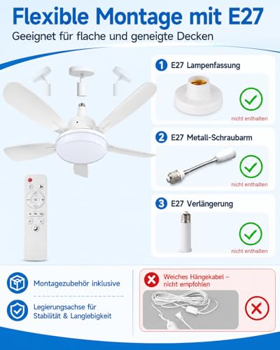 WRMING Ceiling Fan with Light, 62 cm Silent Ceiling Fan 25dB with Remote Control, 3 Speed, 3000/4000/6000K, Chandelier E27 Socket, 2/4H Timer, for Bedroom, Kitchen, Living Room
