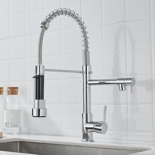 Cooltens Grifo para Fregadero de Cocina, Grifo Giratorio de Salida de Modo Dual, Grifo con Rociador de Resorte Extraíble para Mezclar Agua fría y Caliente, Profesional, Cromo