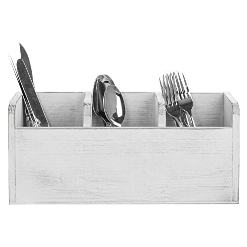 MyGift Vintage White Wood Kitchen Utensil Holder for Countertop with 3
