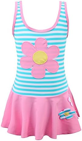 Chrysea Girls Stripe Swimwear One-piece Swimsuit with Flowers Applique (4 Years, Pink)