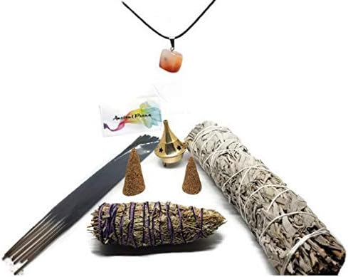 White Sage,Desert Sage, Lavender, Copal with Palo Santo Incense and Cones Smudge Stick Kit. Includes Incense Burner and Universally Selected Chakra Stone.