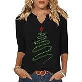 ehizrvo 3/4 Sleeve Christmas V-Neck Shirt for Women Merry Bright Believe Tree Graphic Festival Blouse Vacation Tops Tee